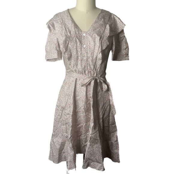 Carven 100% Silk Red Ditsy Floral Ruffle Short Sleeve Dress Size 36 - Picture 1 of 8
